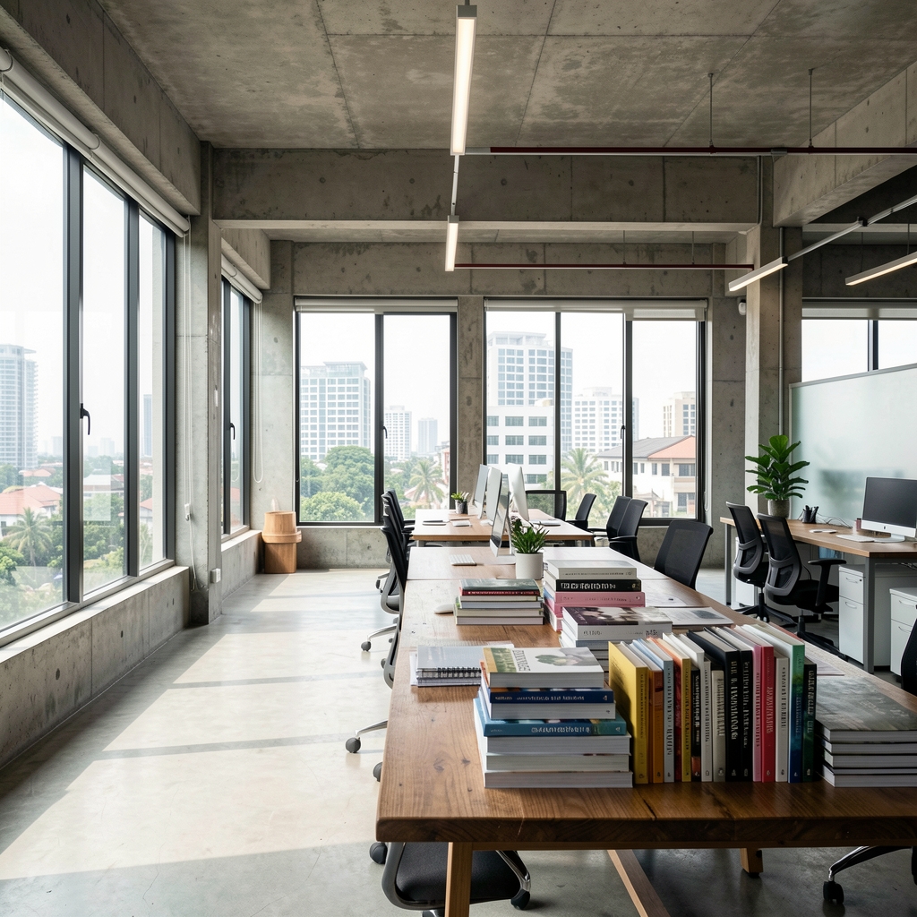 Editorial workspace showing a wellness journal open on a desk next to printed research documents and a linen notepad