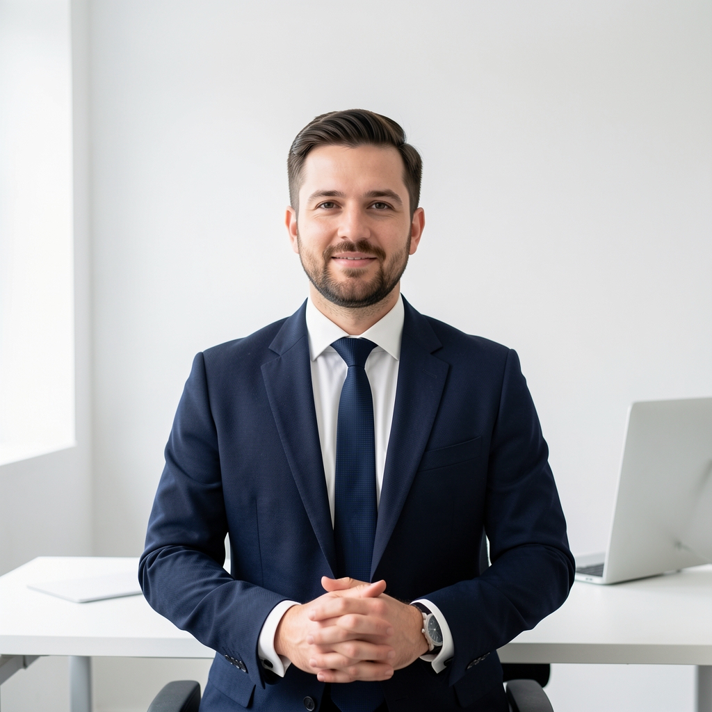Contributing reviewer photographed in a minimalist studio setting with white walls and clean workspace background