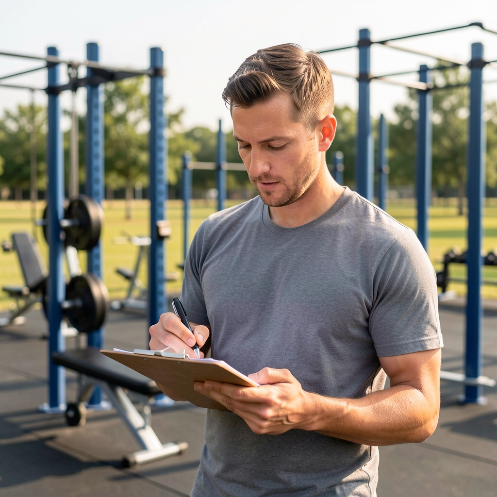 Contributing reviewer at an outdoor gym facility reviewing notes on a clipboard with fitness equipment visible in the background