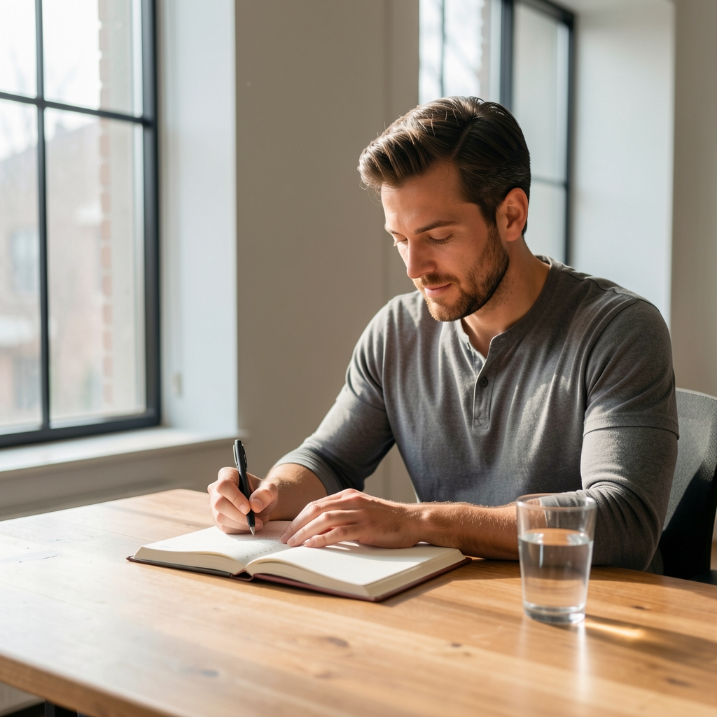 Man reviewing his morning wellness journal on a wooden desk with a glass of water, natural daylight through tall windows