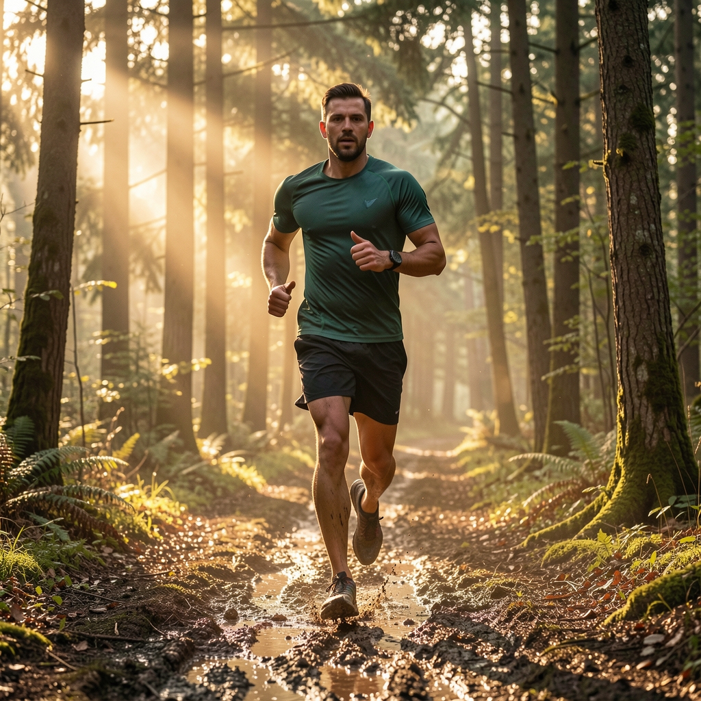Man trail running at dawn through a forest path with dappled morning light and muddy terrain underfoot