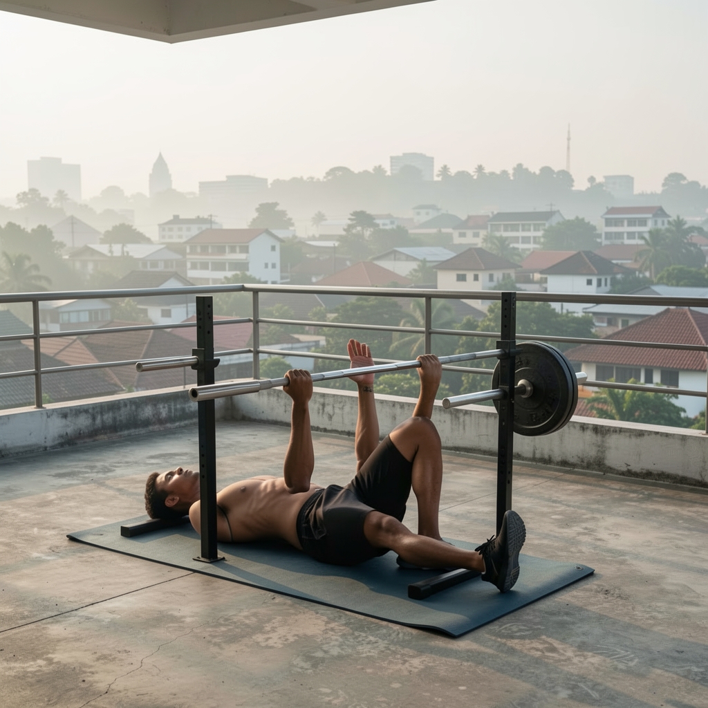 Outdoor bodyweight workout setup on a concrete terrace overlooking a Jakarta neighbourhood, morning haze in the distance