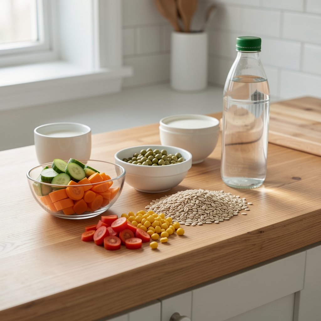 Minimalist meal prep arrangement on a wooden kitchen bench showing portioned vegetables, grains, and a glass water bottle