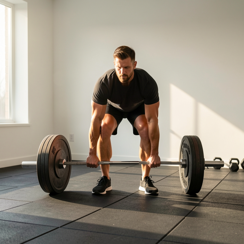 Man performing a barbell deadlift in a well-lit minimalist home gym with rubber flooring and morning sunlight