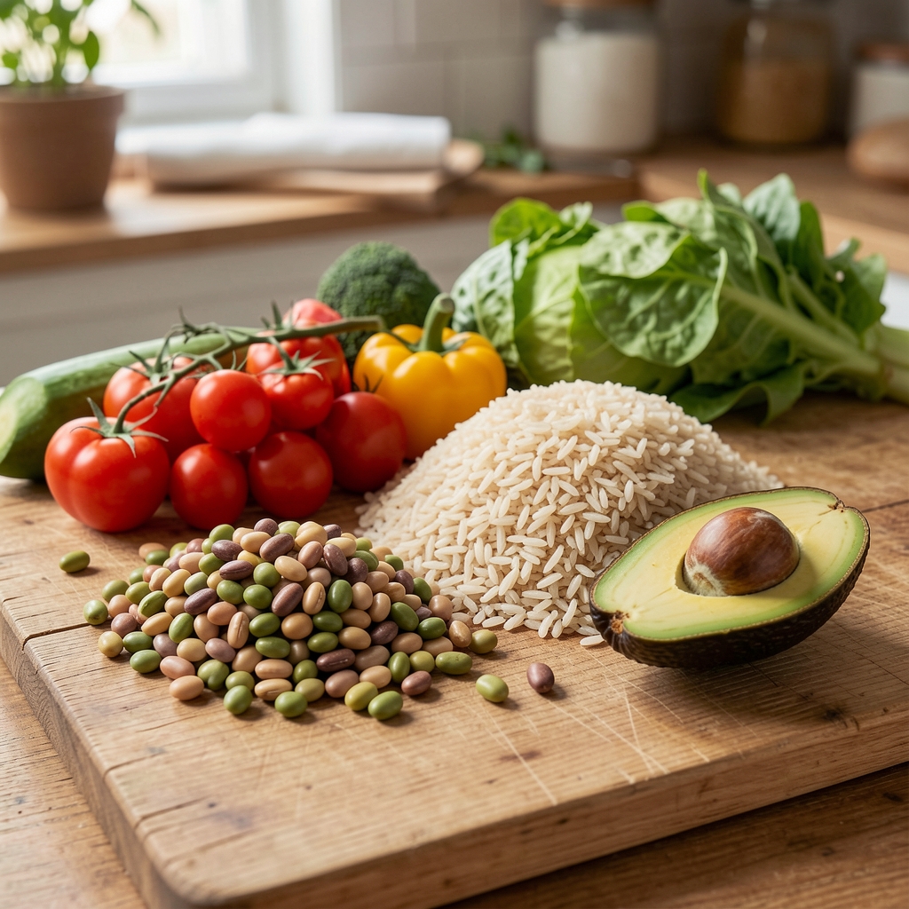 Neatly arranged whole-food meal components on a wooden kitchen bench including vegetables, legumes, brown rice and a halved avocado