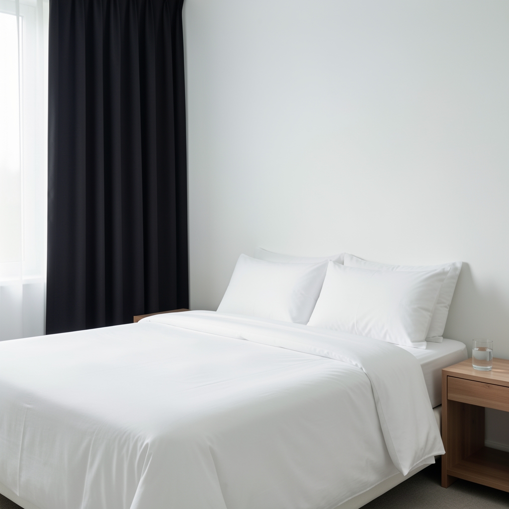 Minimalist bedroom with clean white linens, blackout curtains partially drawn, and a glass of water on a wooden bedside table