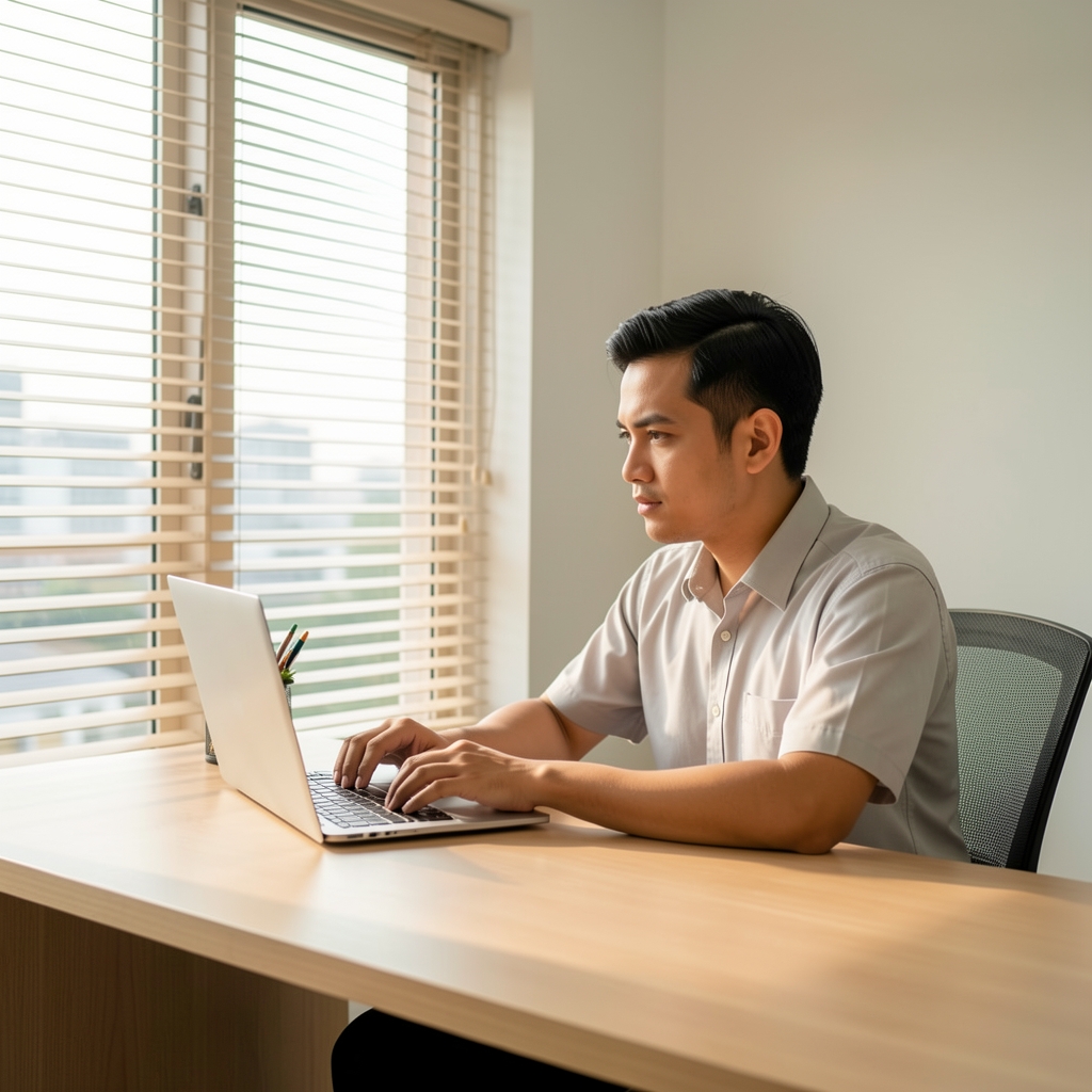 Man sitting at a clean desk in a bright Jakarta apartment working with focused posture, morning light visible through open blinds