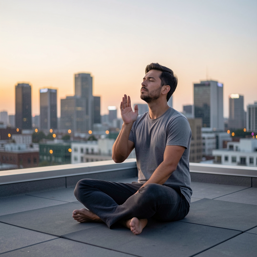 Man seated on a rooftop terrace at dusk practising breathing exercises with a city skyline view and calm atmosphere