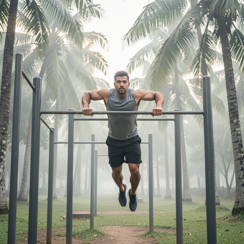 Man performing pull-ups on an outdoor horizontal bar in a public park with tropical trees and morning mist in the background