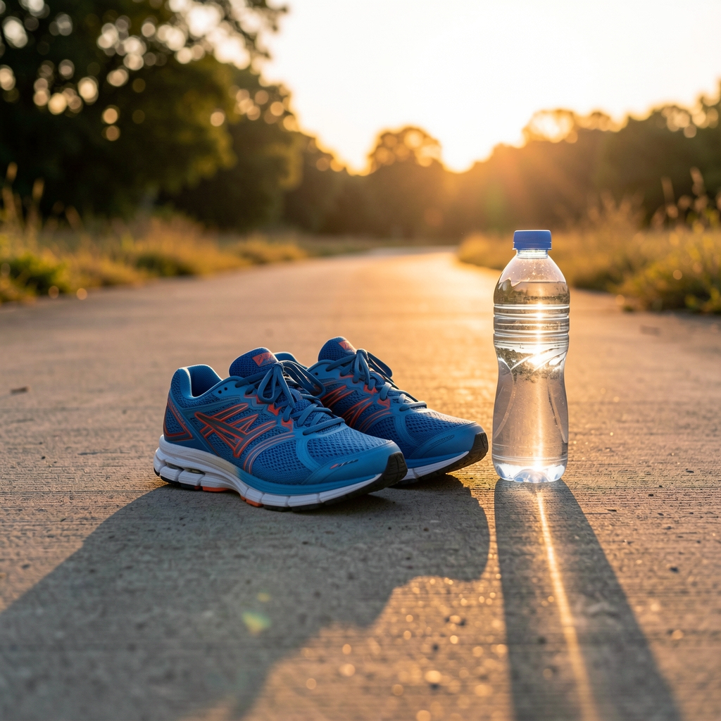 Running shoes and a water bottle laid out on a concrete path at sunrise, shadows stretching long across the ground