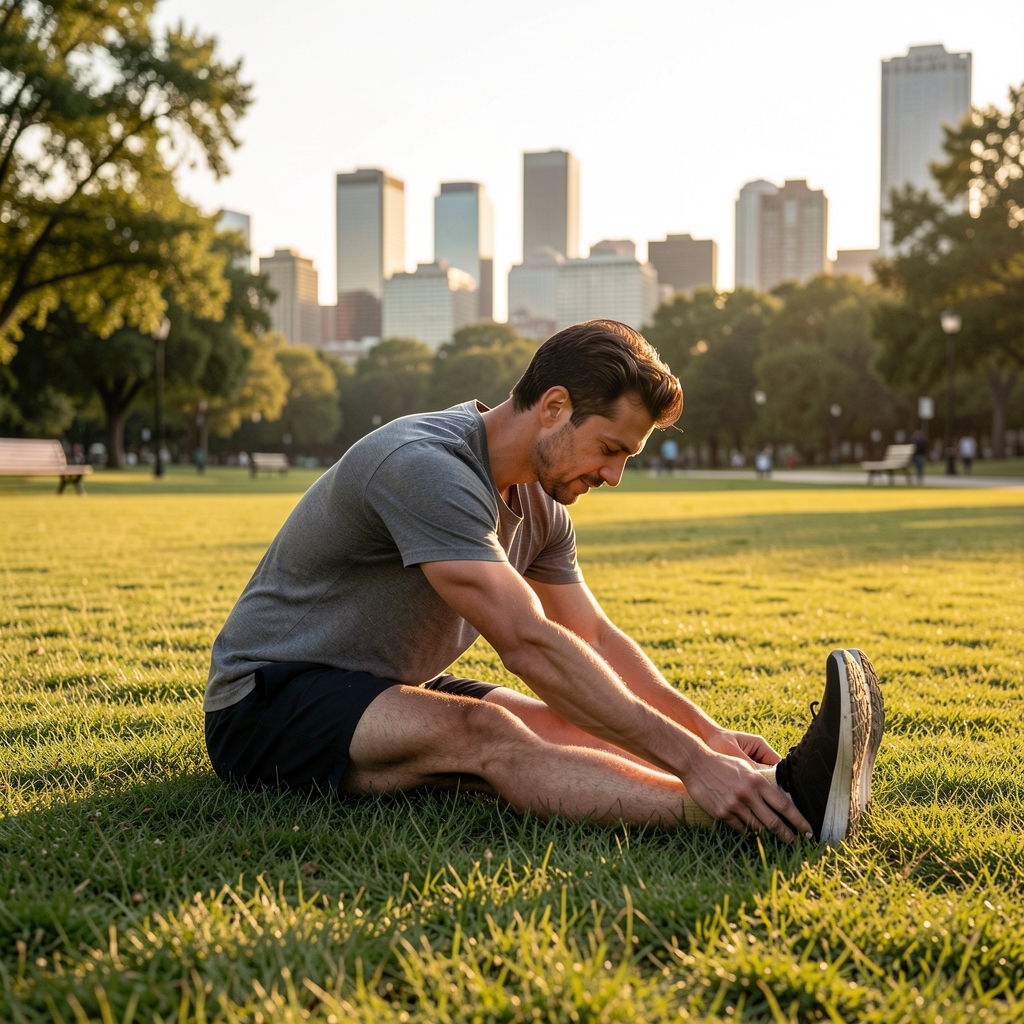 Man stretching hamstrings on a grass field with natural golden light in the late afternoon, a city park visible in the distance