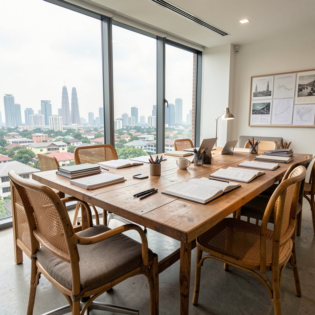 Wide view of the Tarim editorial workspace showing a long wooden desk with research materials, natural rattan details, and Jakarta skyline through glass windows