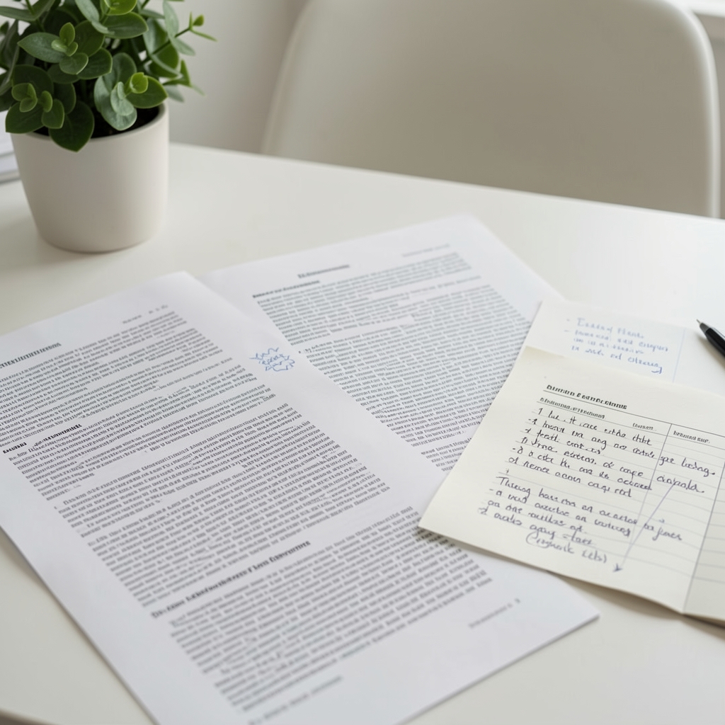 Close-up of printed research articles and annotated notes spread across a clean workspace with a green plant in the corner