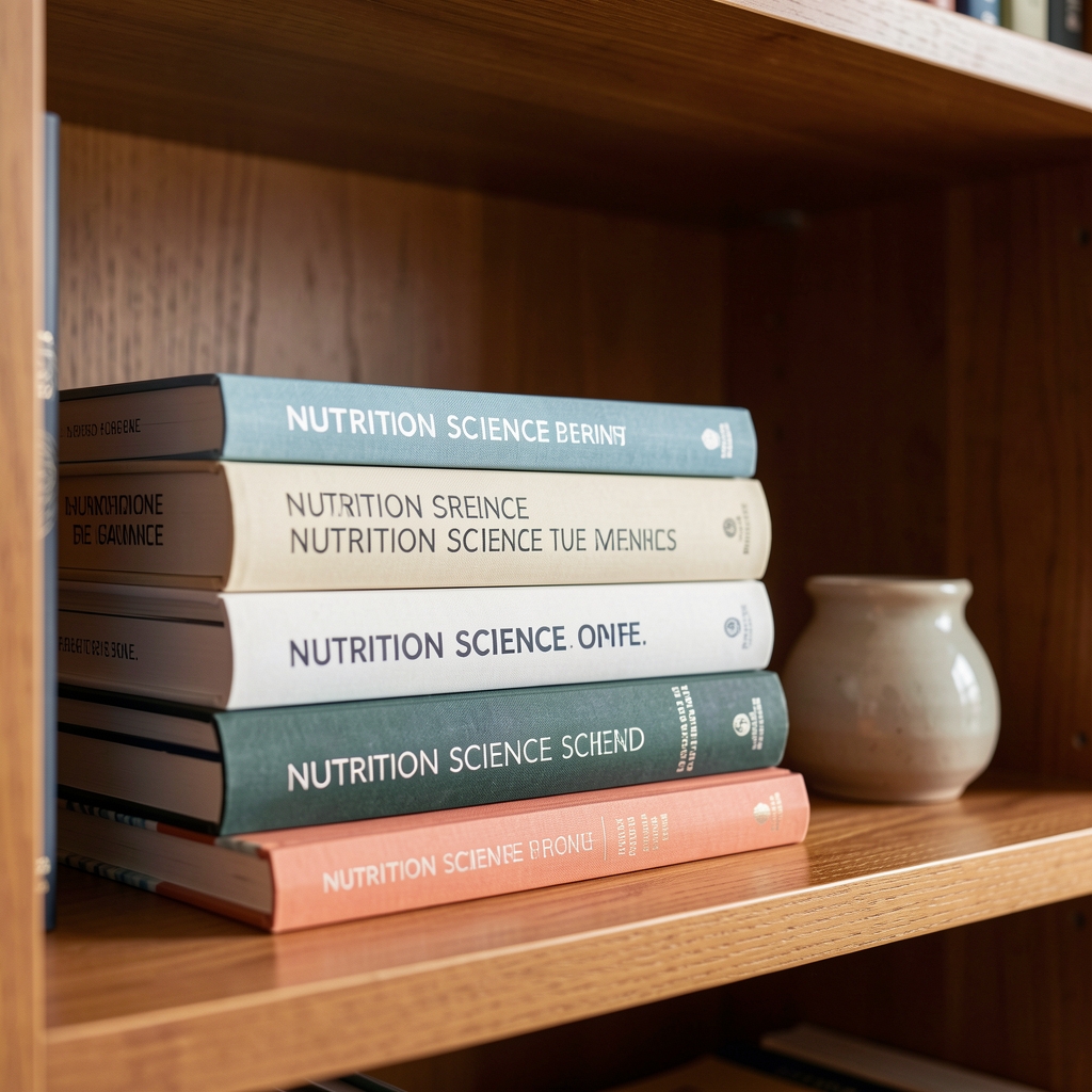 Bookshelf detail showing stacked nutrition science volumes and a small ceramic vessel on a warm-toned wooden shelf